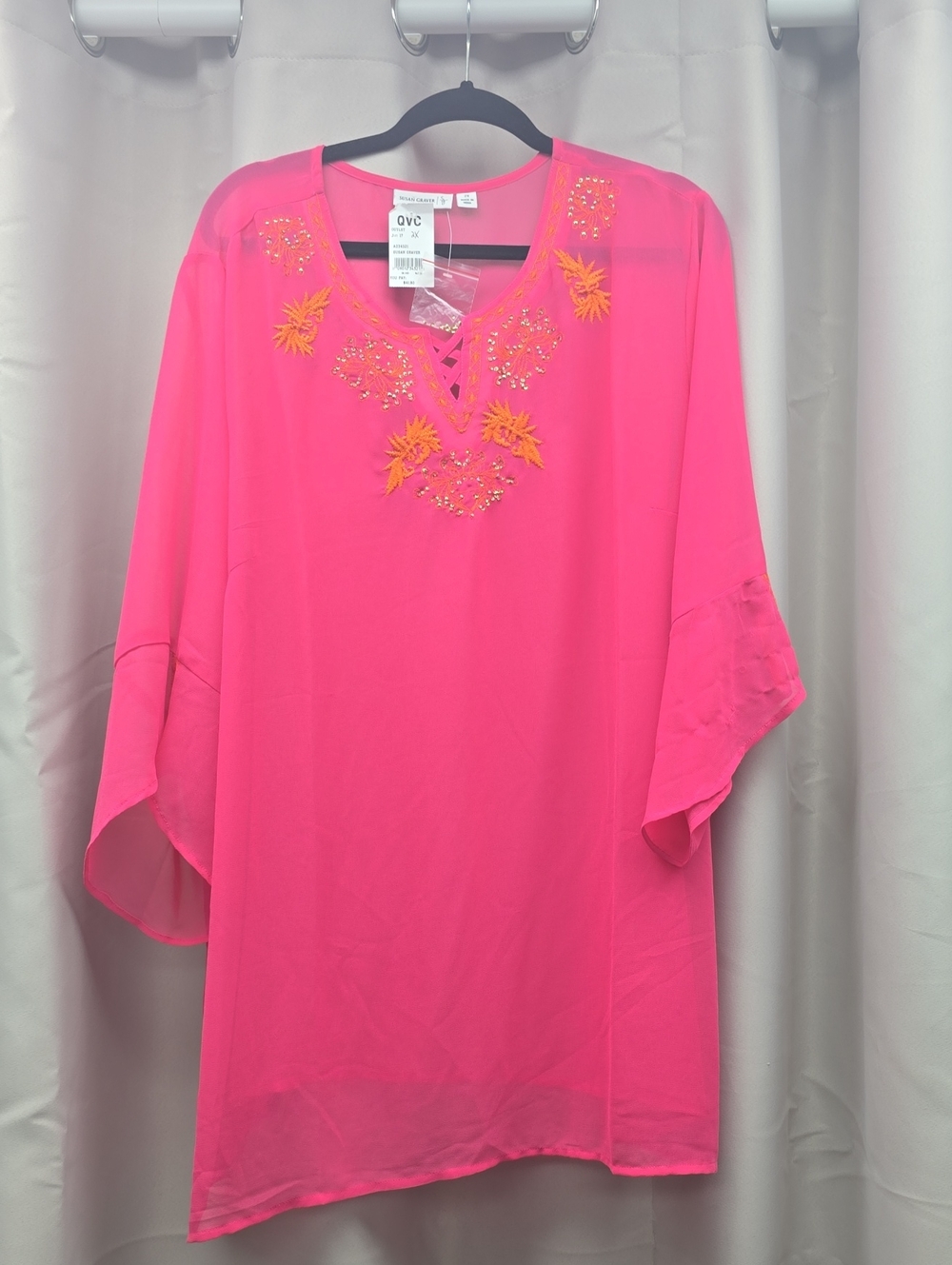 Susan Graver Hot Pink Embroidered V-Neck Tunic Size 2X